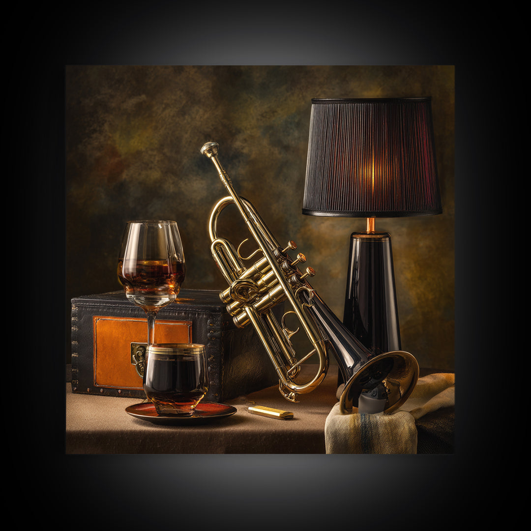 Moody Jazz Trumpet Beside a Half Full Canvas Print, Bar Art, Bar Signs, Bar Decor, Fine Art, Modern Decor, Fine Art Print, BAR-1x1-18