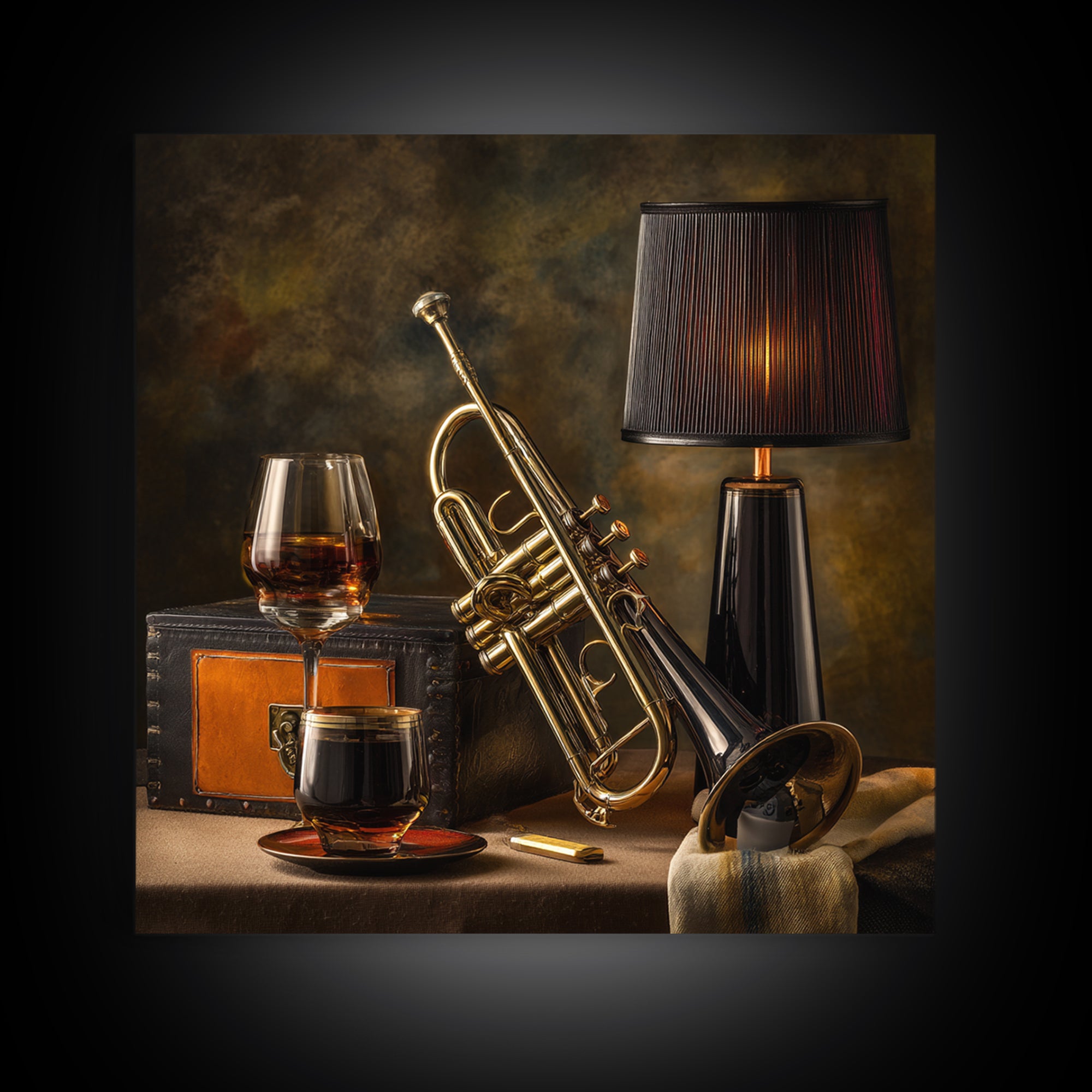 Moody Jazz Trumpet Beside a Half Full Canvas Print, Bar Art, Bar Signs, Bar Decor, Fine Art, Modern Decor, Fine Art Print, BAR-1x1-18