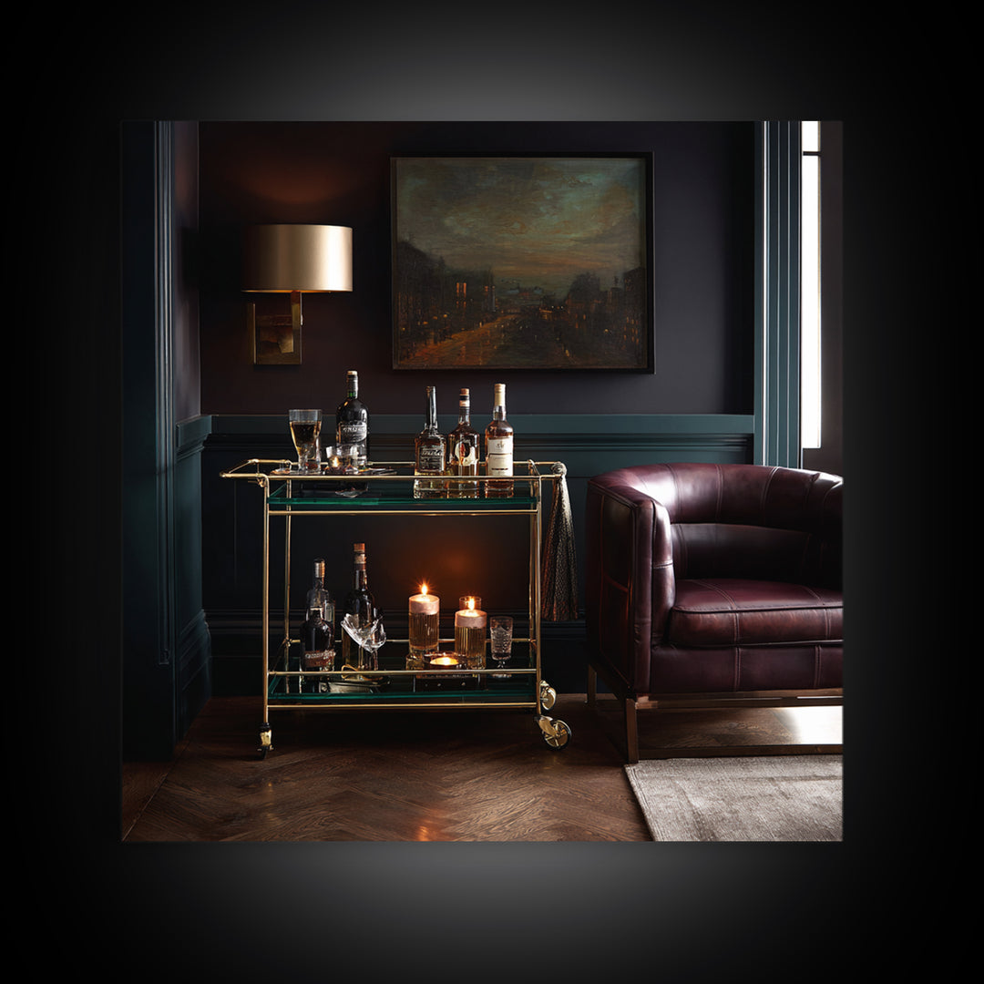Luxury Emerald Bar Cart Arrangement Canvas Print, Bar Art, Kitchen Print, Bar Decor, Oil Painting, Fine Art Print, BAR-1x1-22