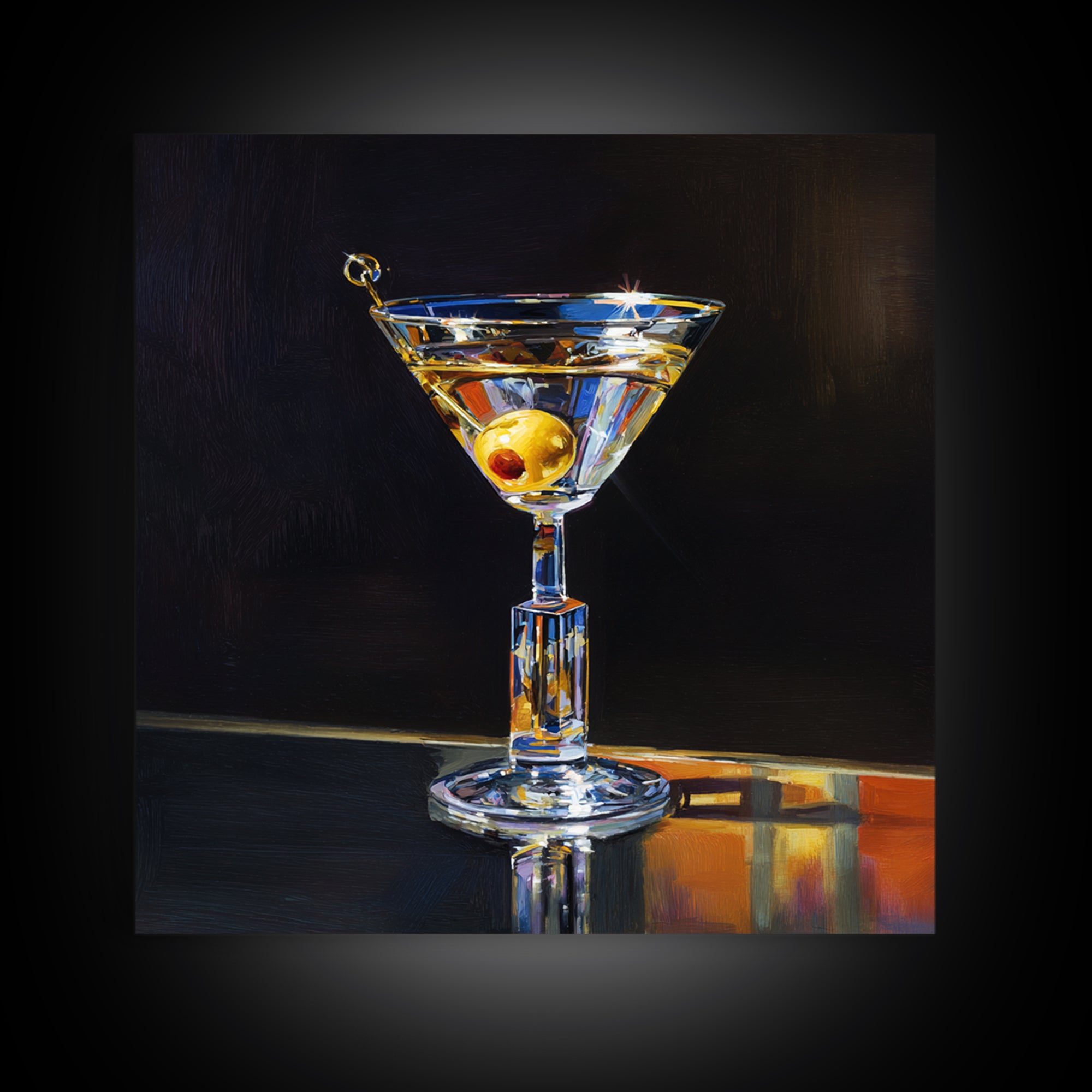 Martini Glass with Olive on a Black Framed Canvas Print, Bar Art, Kitchen Wall Decor, Bar Decor, Fine Art, Bar Cart Art, BAR-1x1-27