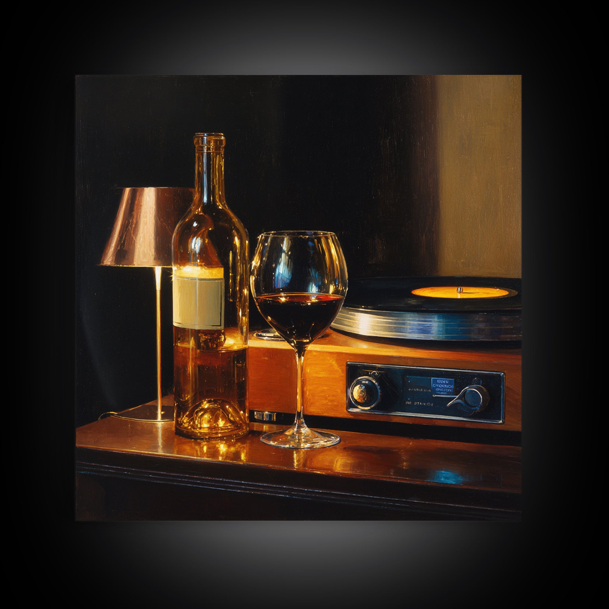 Wine and Record Player Lounge Still Life Framed Canvas Print, Bar Art, Boho Decor, Bar Decor, Oil Painting, Art Print, BAR-1x1-37