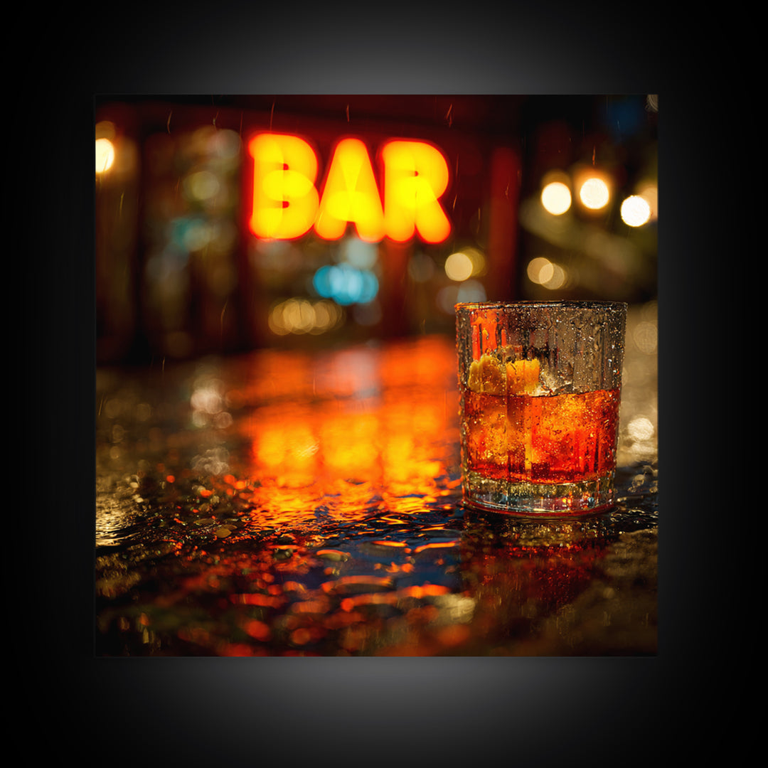 Neon Cocktail Sign Reflected Framed Canvas Print, Bar Art, Textured Painting, Bar Decor, Fine Art, Bar Cart, BAR-1x1-53