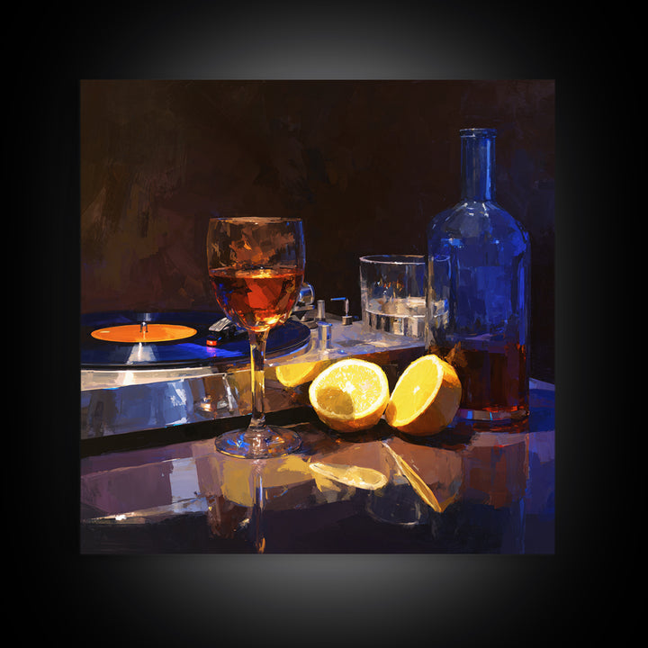 Wine and Record Player Lounge Still Life Framed Canvas Print, Bar Art, Boho Decor, Bar Decor, Oil Painting, Art Print, BAR-1x1-61