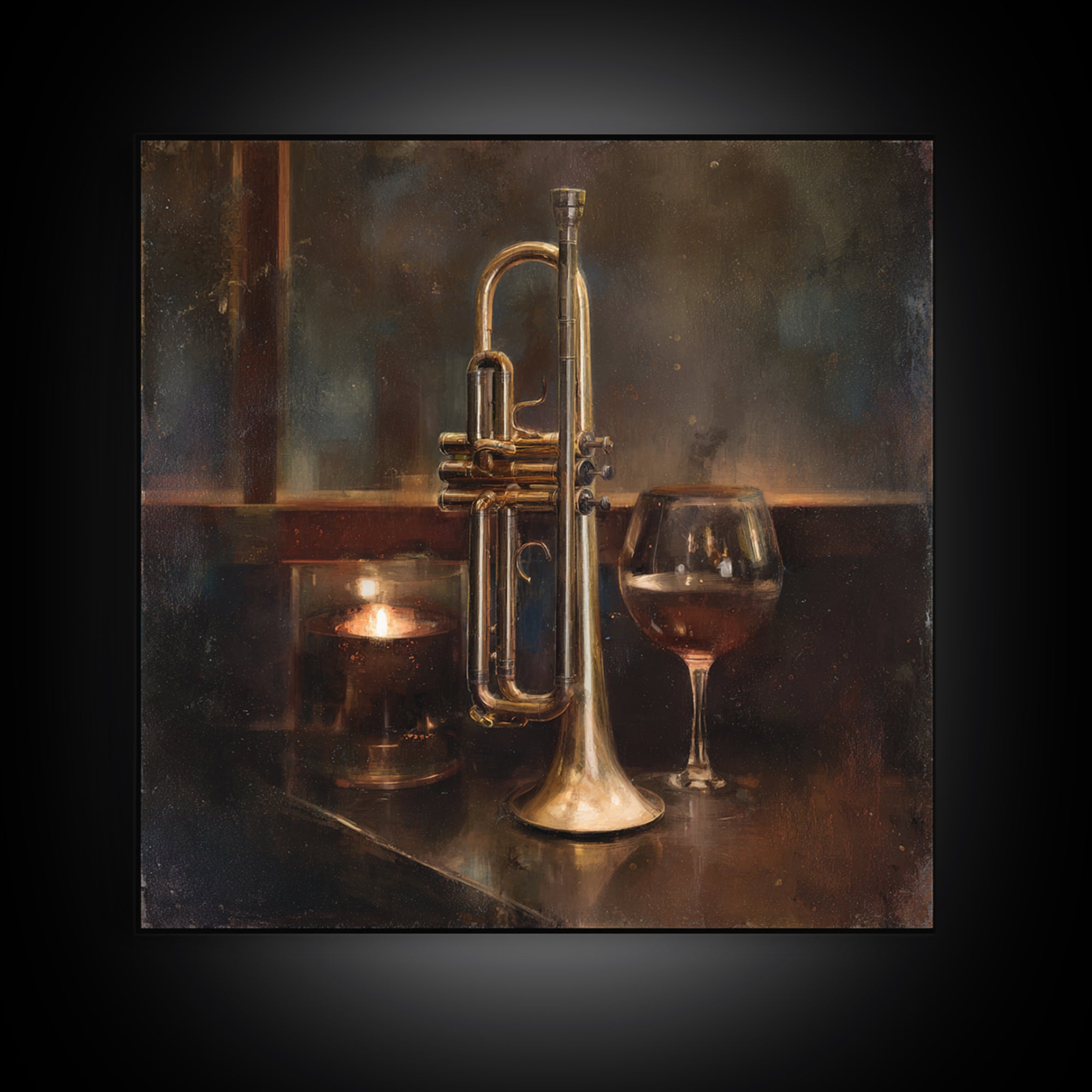 Moody Jazz Trumpet Beside a Half Full Framed Canvas Print, Bar Art, Coffee Bar, Bar Decor, Abstract Art, Room Decor, BAR-1x1-66