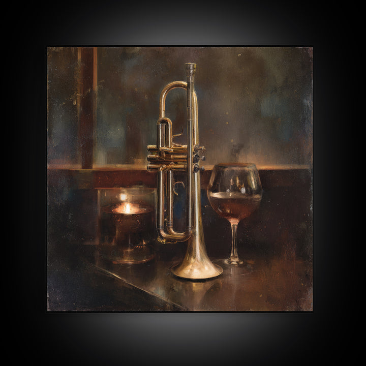 Moody Jazz Trumpet Beside a Half Full Framed Canvas Print, Bar Art, Coffee Bar, Bar Decor, Abstract Art, Room Decor, BAR-1x1-66