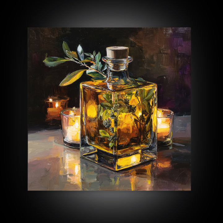 Gin Bottle with Botanicals and Juniper Branches Framed Canvas Print, Bar Art, Bar, Bar Decor, Oil Painting, Living Room Art, BAR-1x1-7