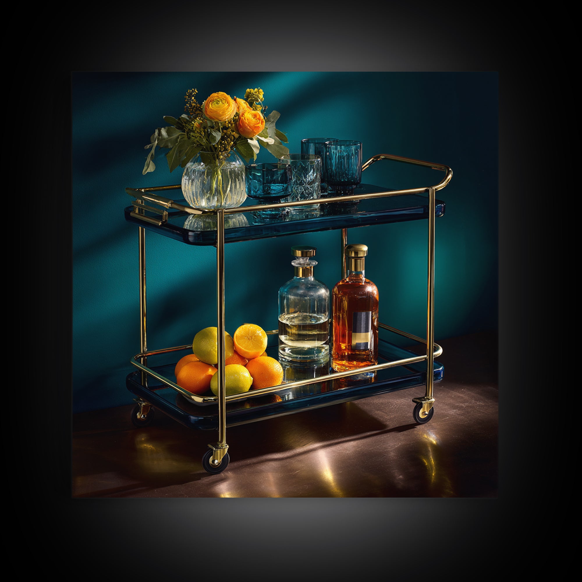 Luxury Emerald Bar Cart Arrangement Framed Canvas Print, Bar Art, Cocktail Wall Art, Bar Decor, Fine Art, Textured Painting, BAR-1x1-70