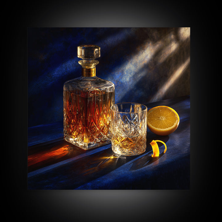 Whiskey Bottle and Cut Crystal Glass Framed Canvas Print, Bar Art, Fine Art Print, Bar Decor, Fine Art, Metal Wall Art, BAR-1x1-74