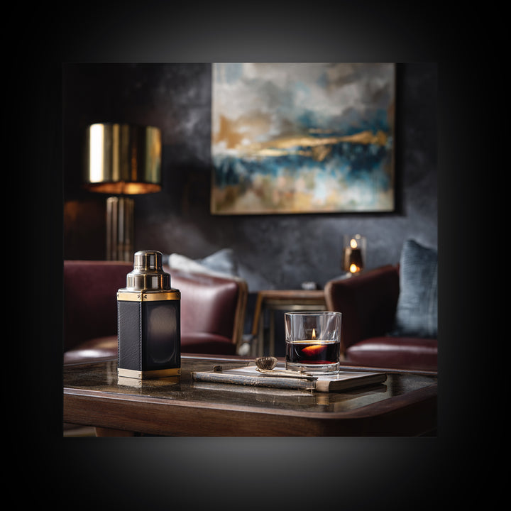 Speakeasy Key and Cocktail Shaker Composition Framed Canvas Print, Bar Art, Minimalist Decor, Bar Decor, Fine Art, BAR-1x1-88