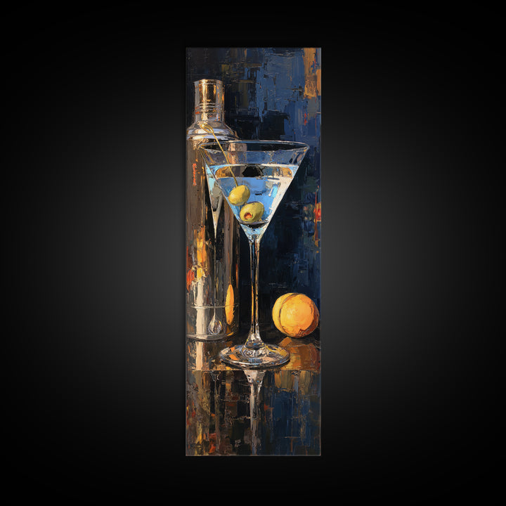 Martini Glass with Olive on a Black Framed Canvas Print, Bar Art, Apartment Decor, Bar Decor, Abstract Art, Living Room Art, BAR-1x3-15