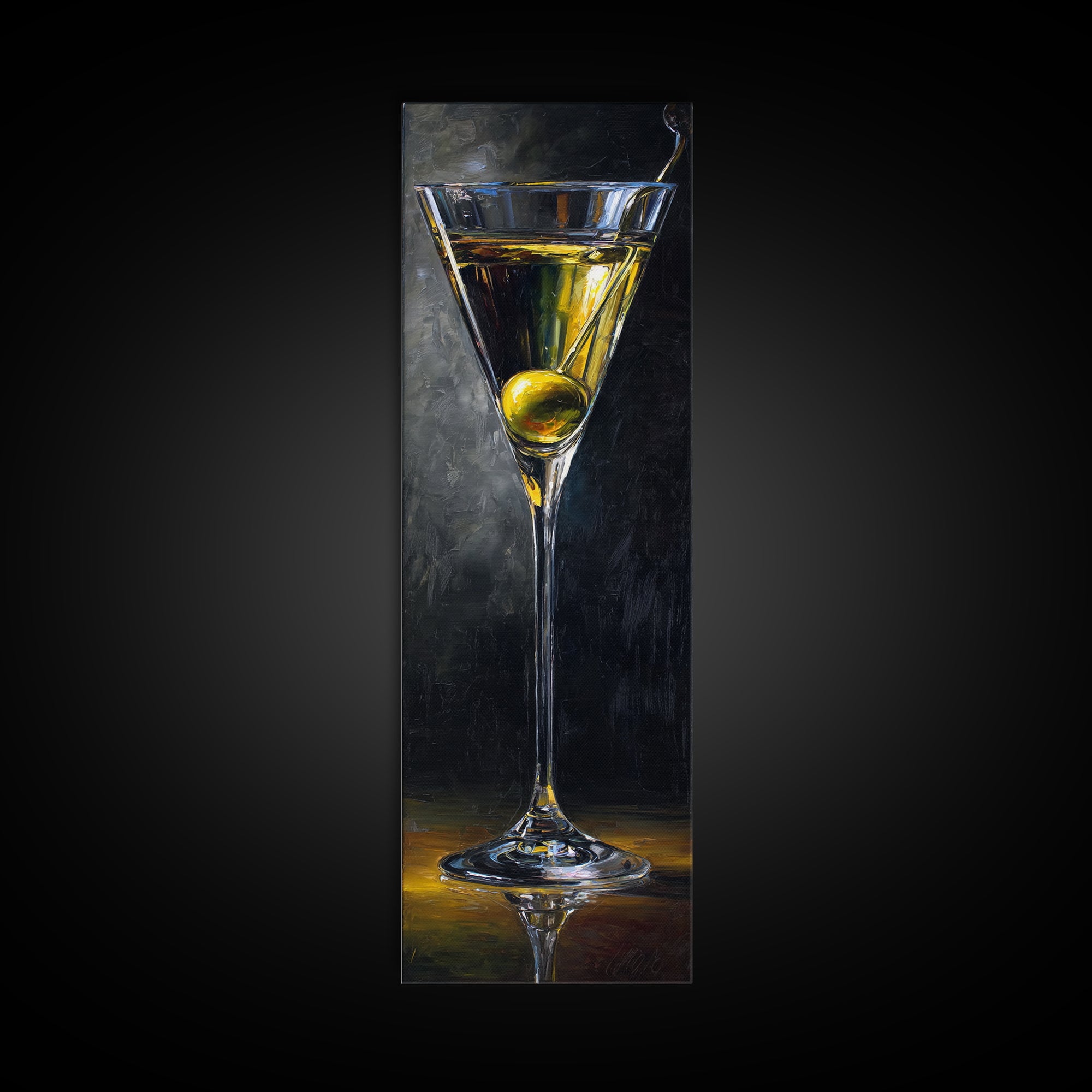Martini Glass with Olive on a Black Canvas Print, Bar Art, Kitchen Wall Decor, Bar Decor, Fine Art, Bar Cart Art, BAR-1x3-39
