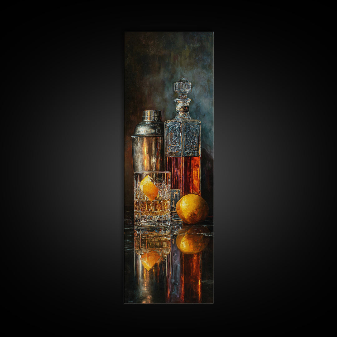 Speakeasy Key and Cocktail Shaker Composition Framed Canvas Print, Bar Art, Minimalist Decor, Bar Decor, Fine Art, BAR-1x3-4