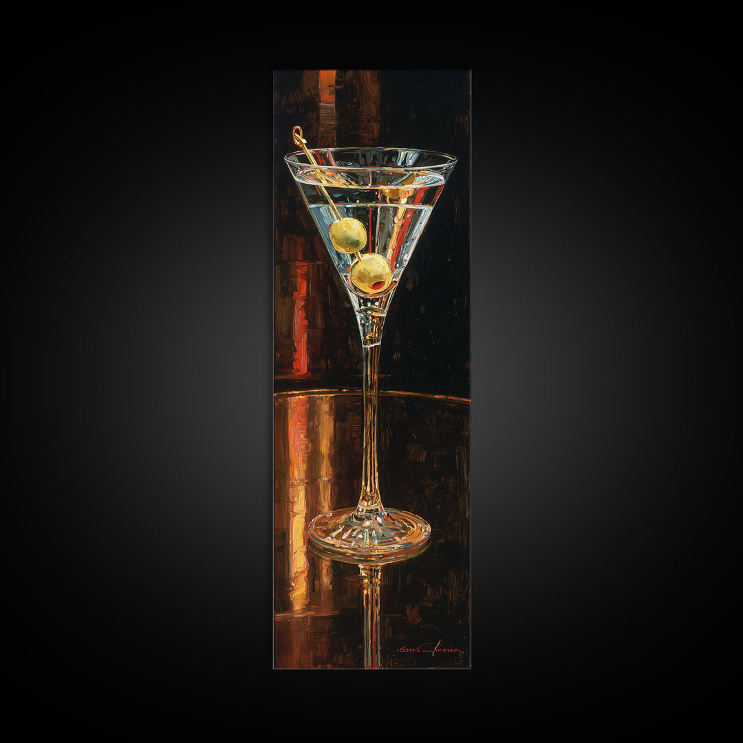 Martini Glass with Olive on a Black Canvas Print, Bar Art, Bar Cart Decor, Bar Decor, Oil Painting, Minimalist Decor, BAR-1x3-63