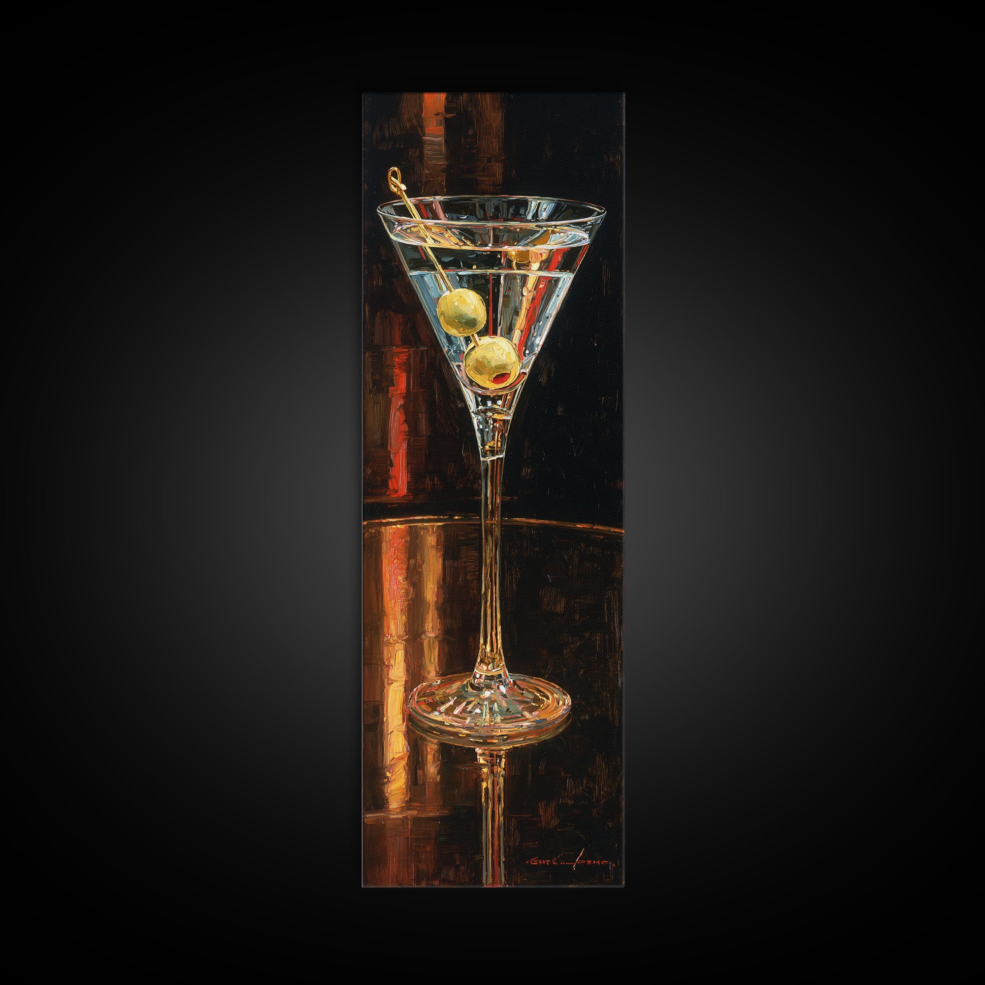 Martini Glass with Olive on a Black Canvas Print, Bar Art, Bar Cart Decor, Bar Decor, Oil Painting, Minimalist Decor, BAR-1x3-63