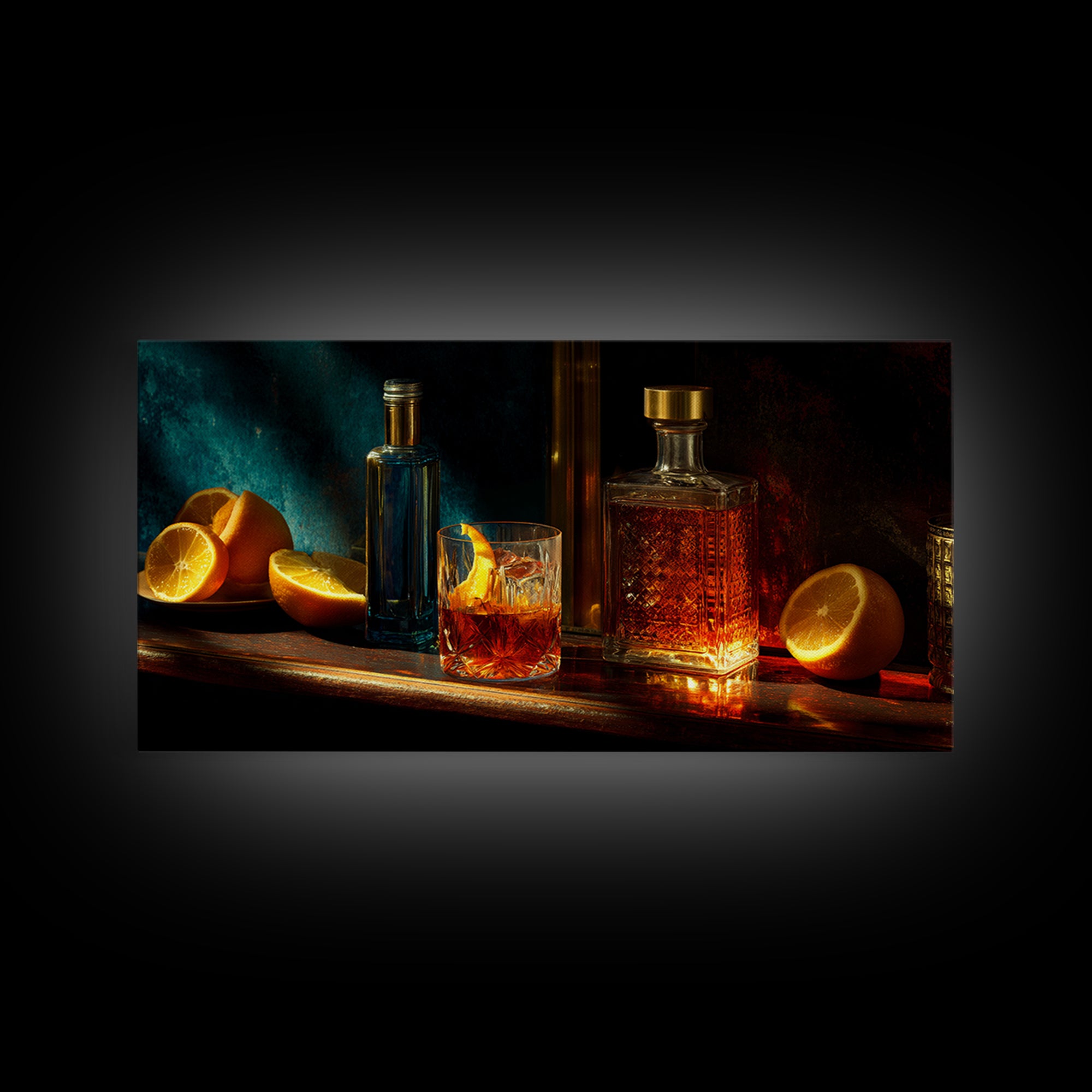 Midnight Manhattan Cocktail Framed Canvas Print, Bar Art, Statement Artwork, Bar Decor, Fine Art, Art Print, BAR-2x1-20