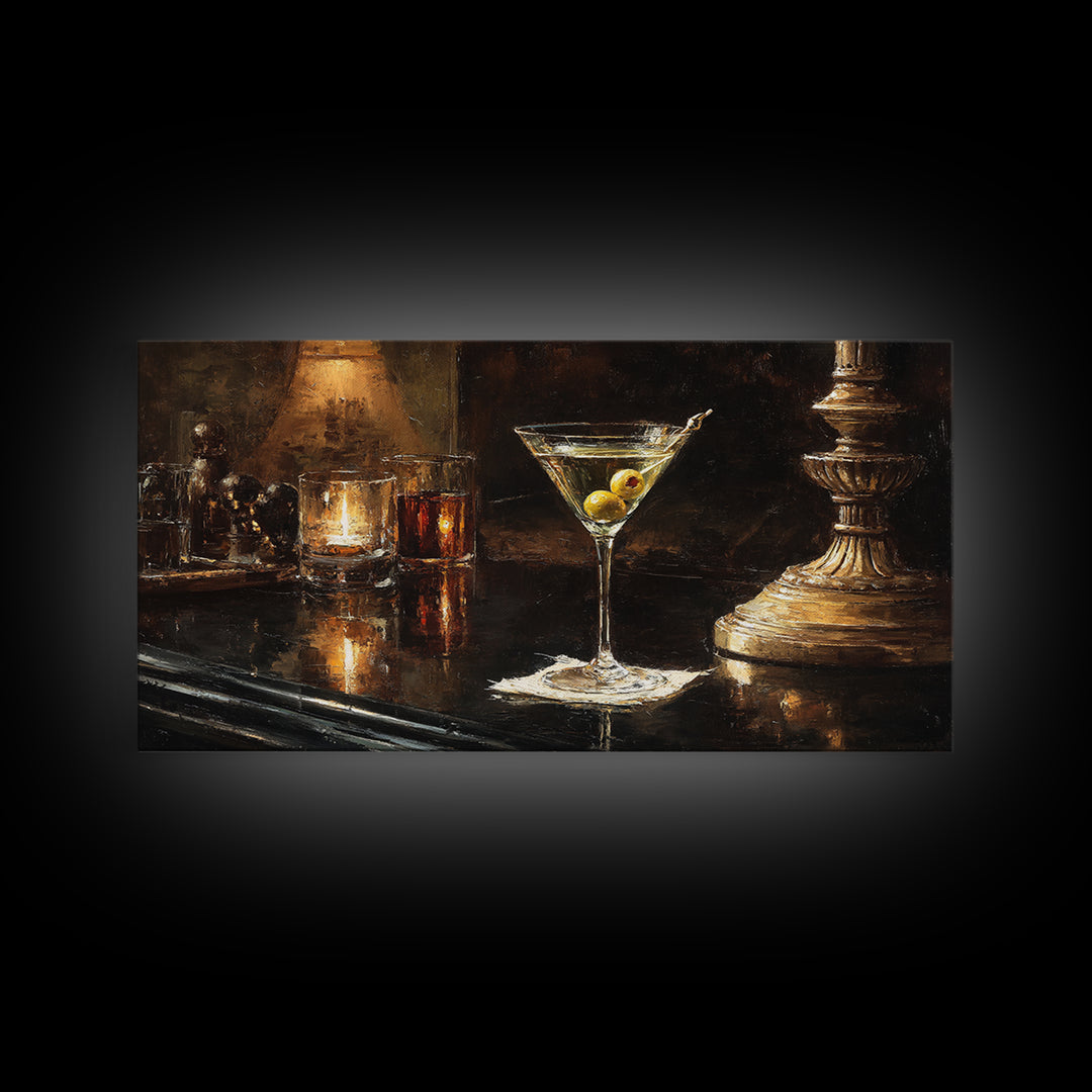 Martini Glass with Olive on a Black Framed Canvas Print, Bar Art, Bar Cart, Bar Decor, Watercolor Art, Kitchen Print, BAR-2x1-23