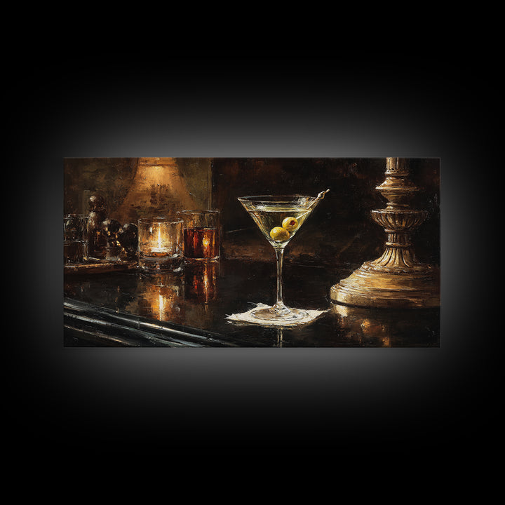 Martini Glass with Olive on a Black Framed Canvas Print, Bar Art, Bar Cart, Bar Decor, Watercolor Art, Kitchen Print, BAR-2x1-23