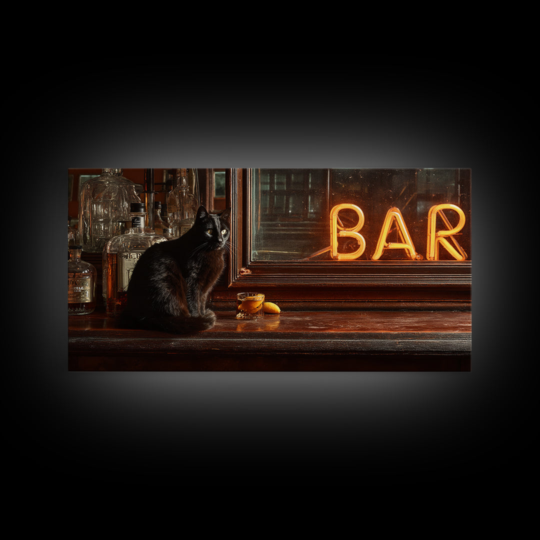 Black Cat Beside a Glowing Bar Neon Framed Canvas Print, Bar Art, Contemporary Art, Bar Decor, Fine Art, Apartment Decor, BAR-2x1-34