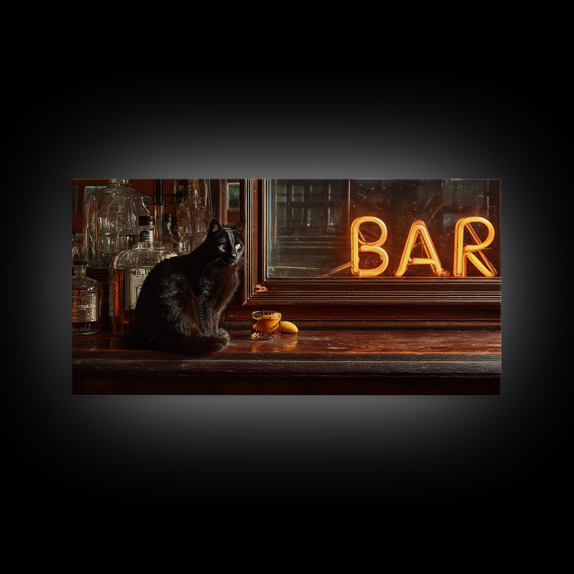 Black Cat Beside a Glowing Bar Neon Framed Canvas Print, Bar Art, Contemporary Art, Bar Decor, Fine Art, Apartment Decor, BAR-2x1-34