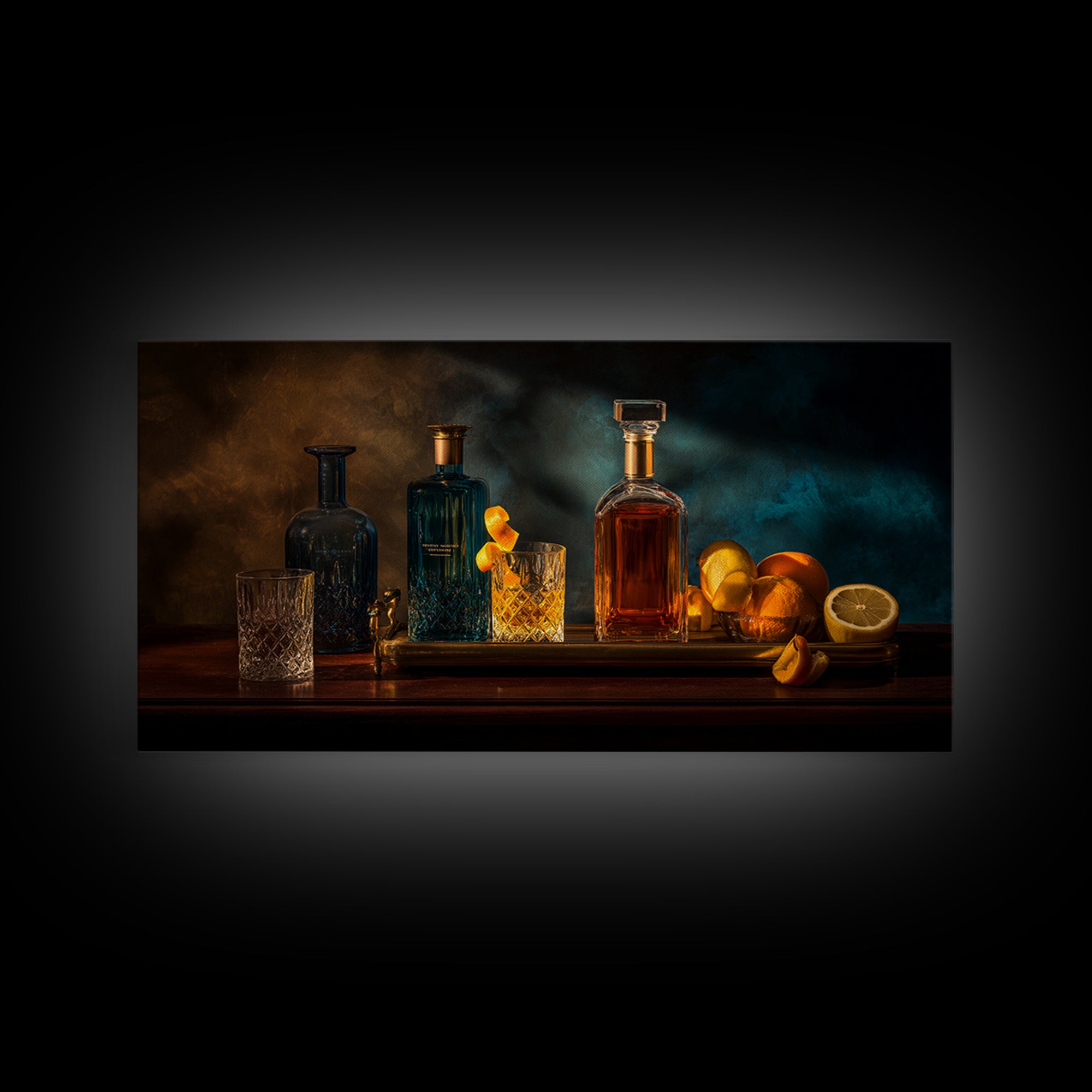 Luxury Emerald Bar Cart Arrangement Framed Canvas Print, Bar Art, Room Decor, Bar Decor, Fine Art, Kitchen Decor, BAR-2x1-42