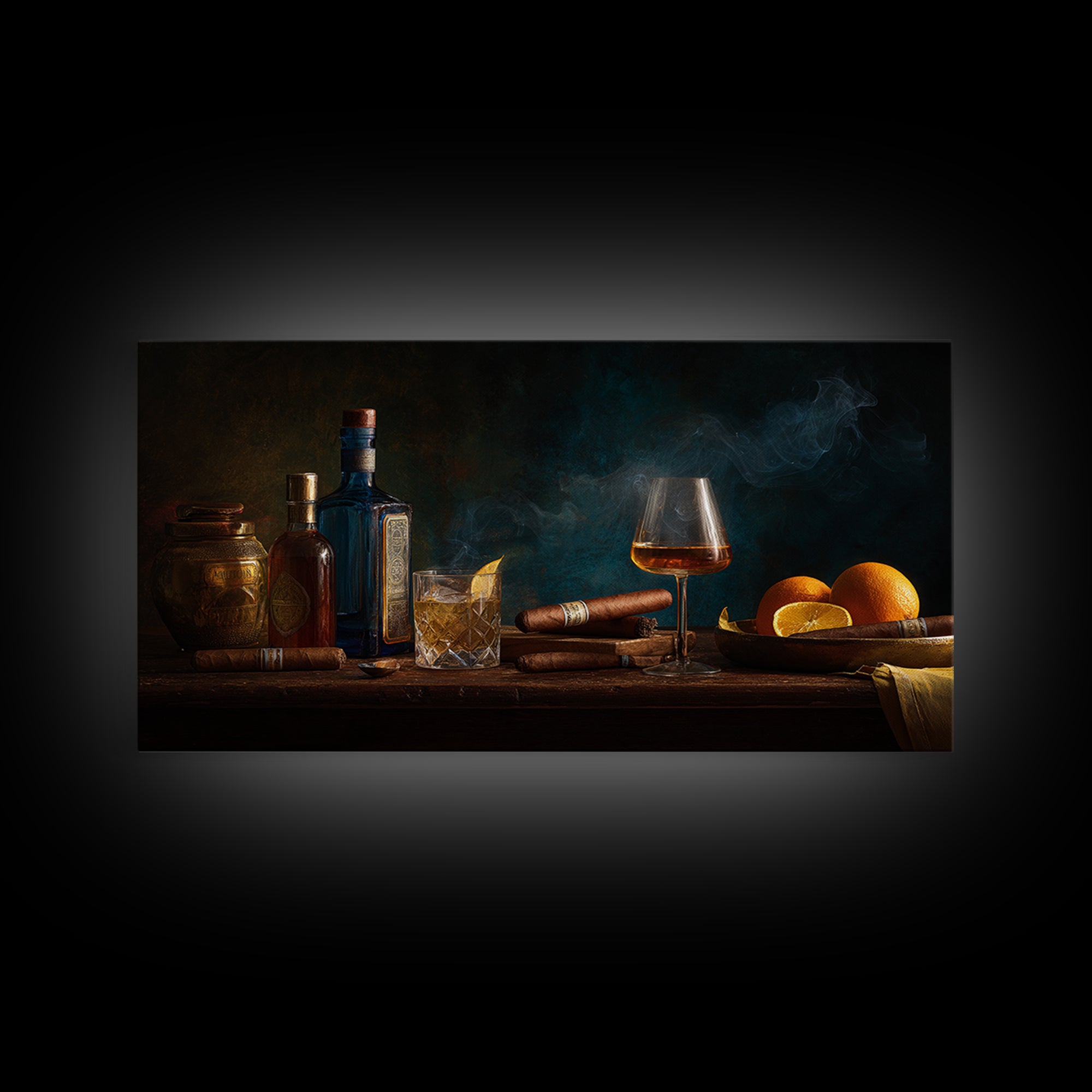 Dark Moody Cigar and Whiskey Still Life Framed Canvas Print, Bar Art, Bar Cart, Bar Decor, Watercolor Art, Kitchen Print, BAR-2x1-5