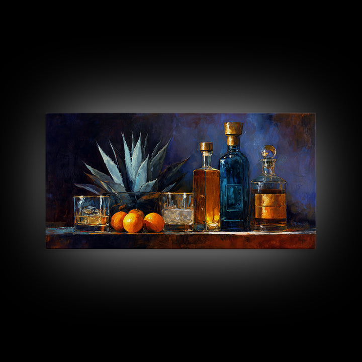 Tequila Agave Plant Study Framed Canvas Print, Bar Art, Kitchen Wall Decor, Bar Decor, Oil Painting, Bar Cart Art, BAR-2x1-80