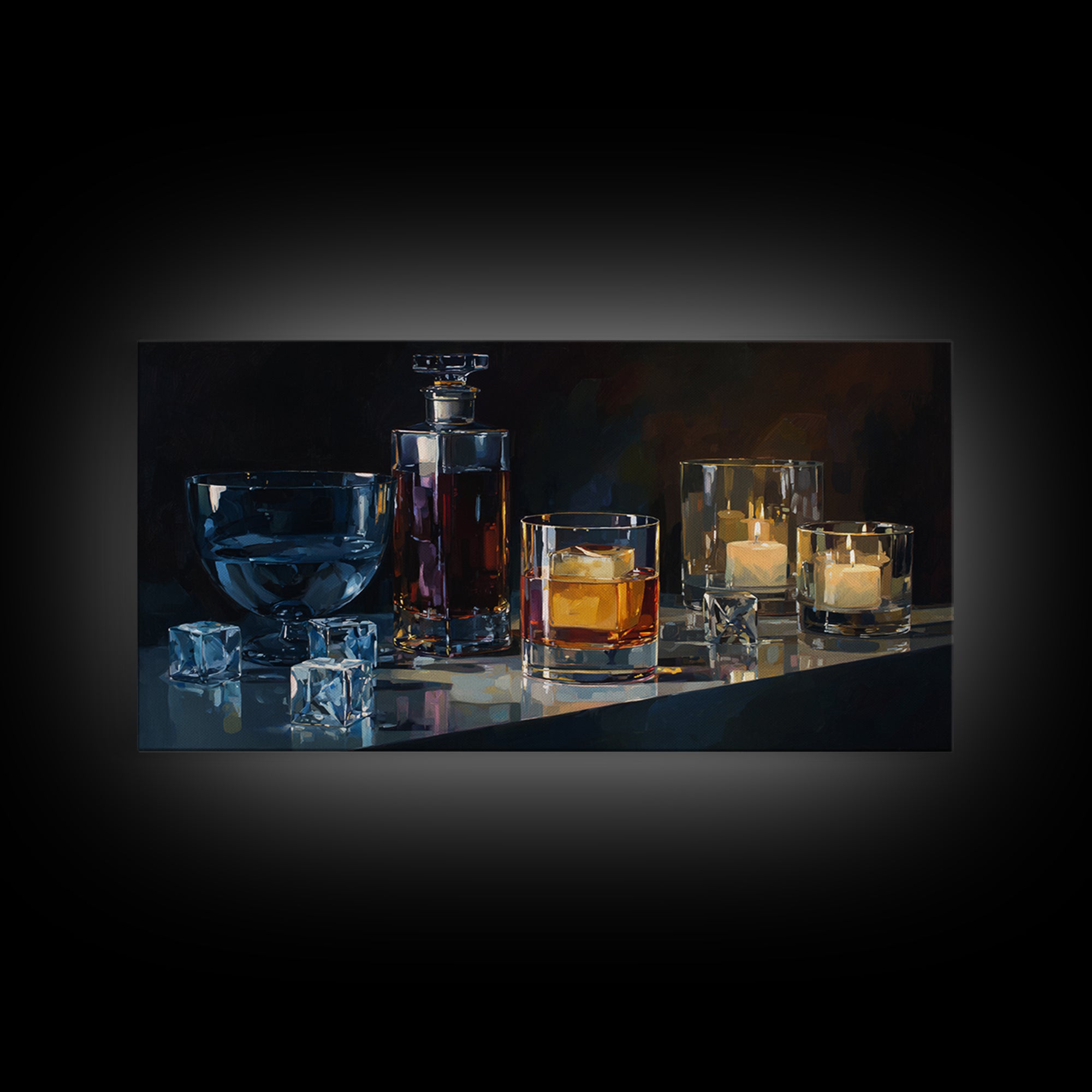 Smoked Glassware Study Framed Canvas Print, Bar Art, Digital Print, Bar Decor, Fine Art, Coffee Wall Art, Living Room Art, BAR-2x1-91