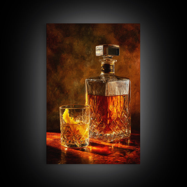Whiskey Bottle and Cut Crystal Glass Canvas Print, Bar Art, Contemporary Art, Bar Decor, Fine Art, Apartment Decor, BAR-2x3-10
