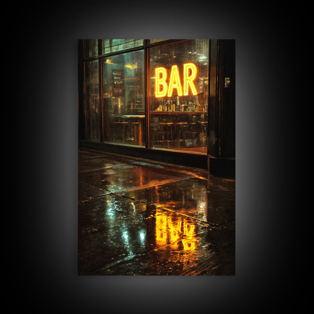 Neon Cocktail Sign Reflected Framed Canvas Print, Bar Art, Digital Print, Bar Decor, Fine Art, Coffee Wall Art, BAR-2x3-13
