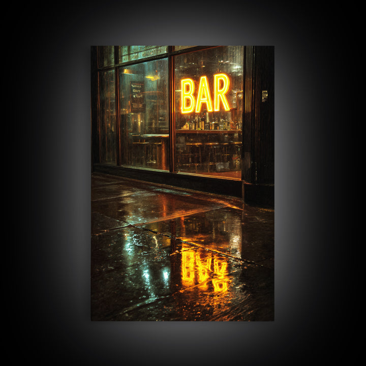 Neon Cocktail Sign Reflected Framed Canvas Print, Bar Art, Digital Print, Bar Decor, Fine Art, Coffee Wall Art, BAR-2x3-13