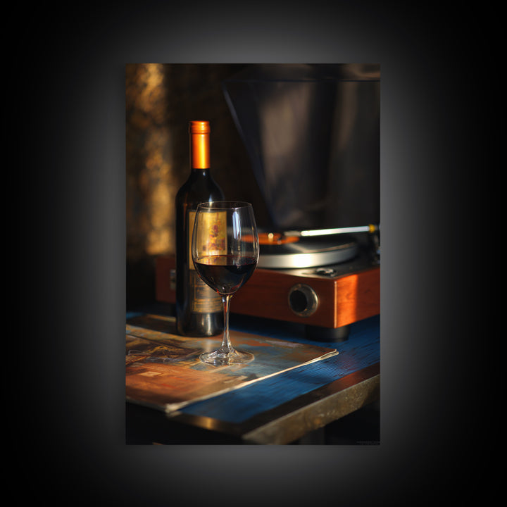Wine and Record Player Lounge Still Life Framed Canvas Print, Bar Art, Canvas Wall Art, Bar Decor, Oil Painting, BAR-2x3-21