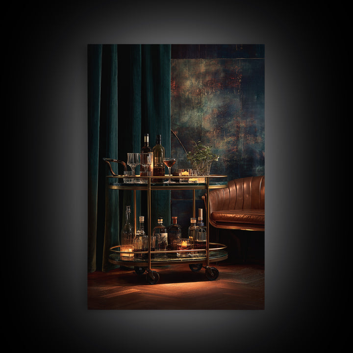 Luxury Emerald Bar Cart Arrangement Framed Canvas Print, Bar Art, Minimalist Decor, Bar Decor, Fine Art, Digital Print, BAR-2x3-6