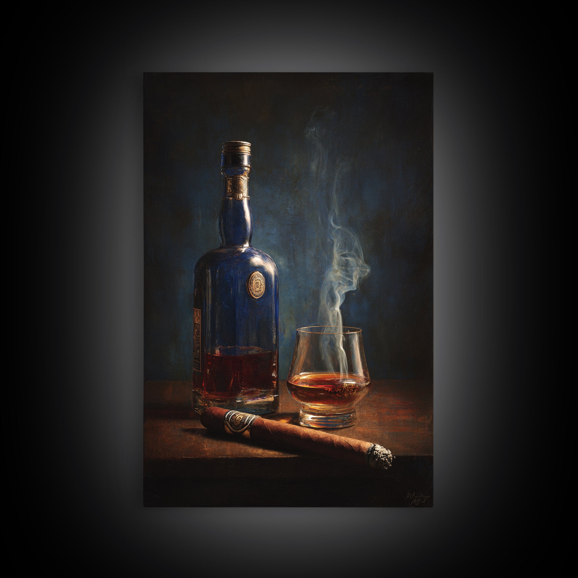 Dark Moody Cigar and Whiskey Still Life Canvas Print, Bar Art, Kitchen Wall Decor, Bar Decor, Fine Art, Bar Cart Art, BAR-2x3-65