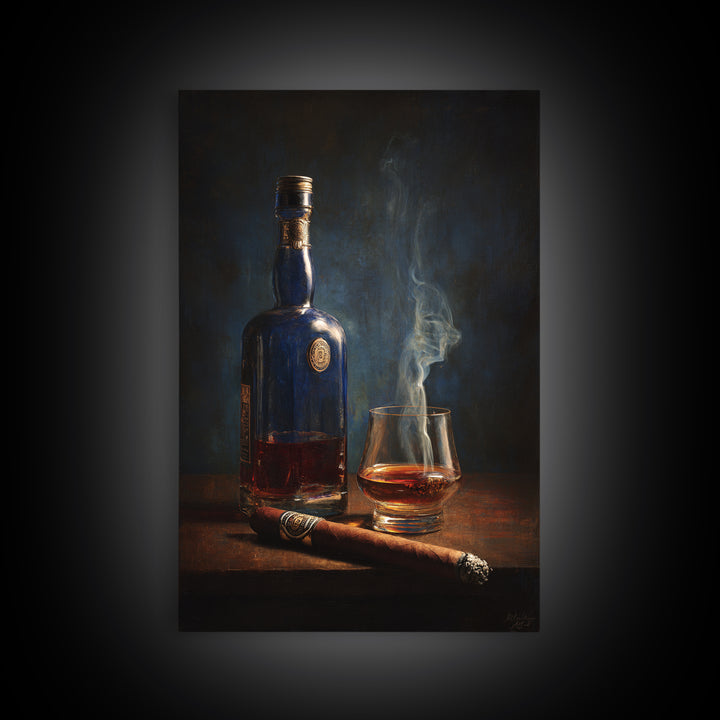 Dark Moody Cigar and Whiskey Still Life Canvas Print, Bar Art, Kitchen Wall Decor, Bar Decor, Fine Art, Bar Cart Art, BAR-2x3-65