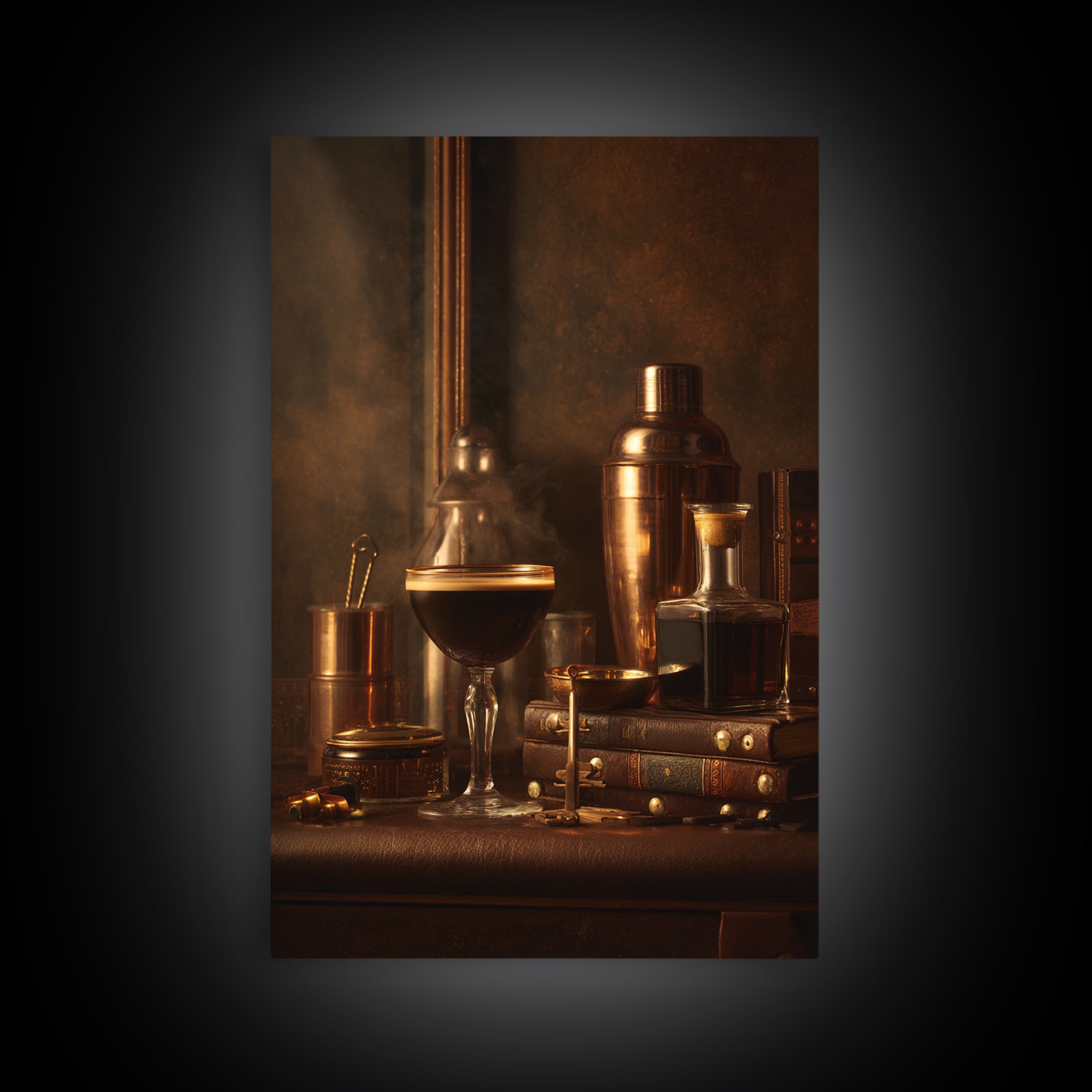 Speakeasy Key and Cocktail Shaker Composition Canvas Print, Bar Art, Canvas Wall Art, Bar Decor, Oil Painting, BAR-2x3-72
