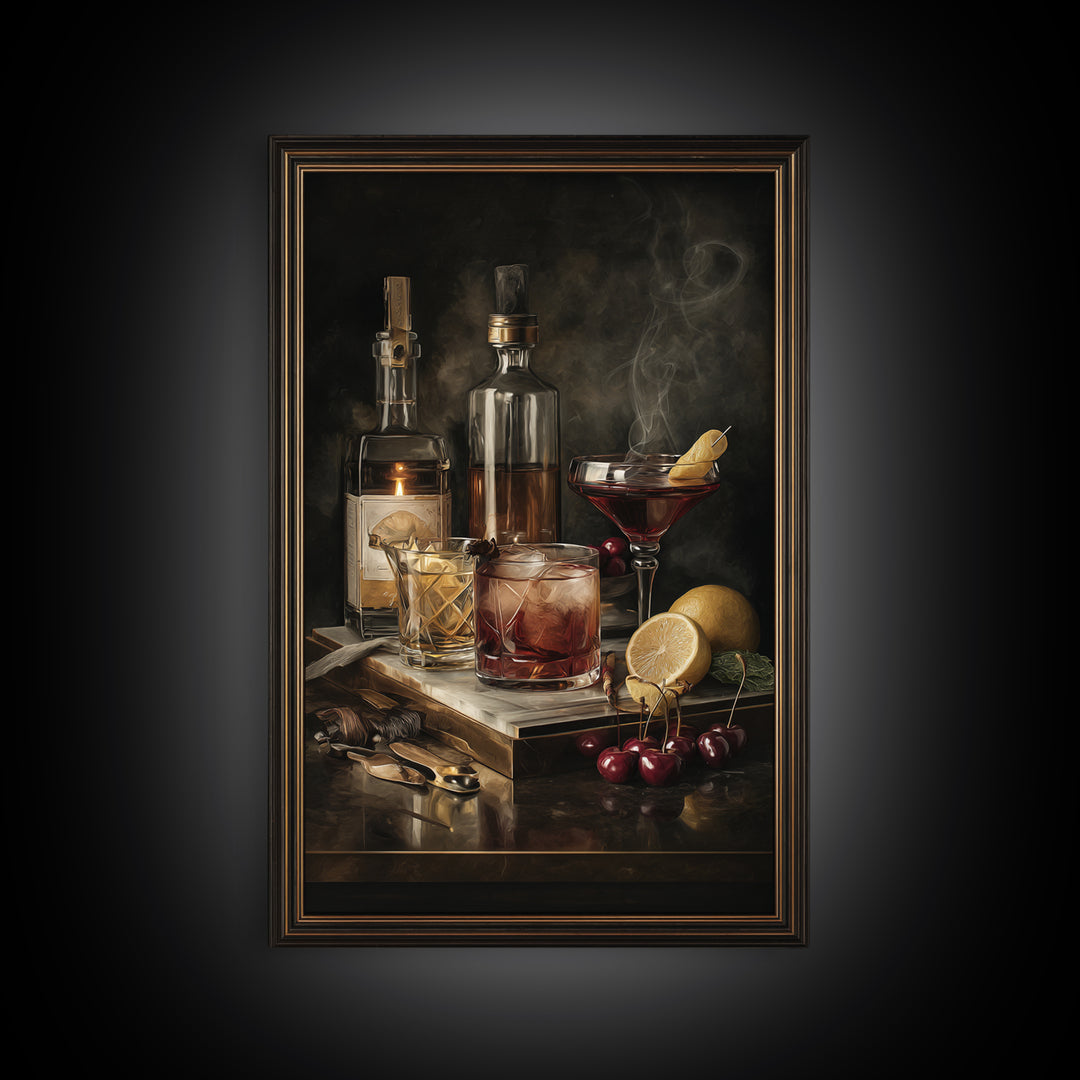 Cocktail Recipe Diagram Styled as Elegant Art Framed Canvas Print, Bar Art, Living Room Art, Bar Decor, Fine Art, BAR-2x3-76