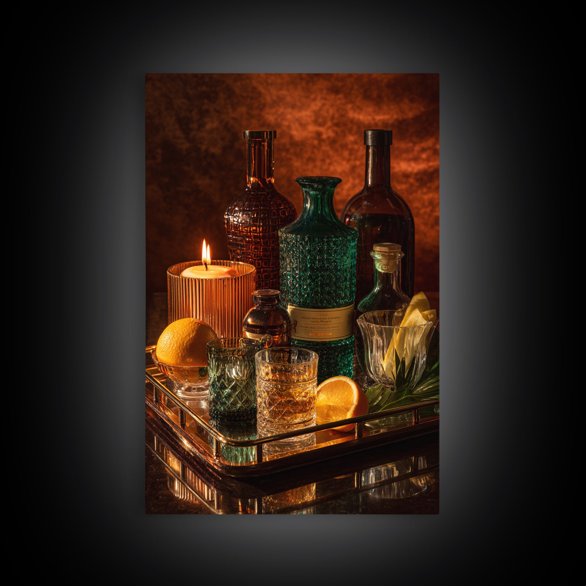 Luxury Emerald Bar Cart Arrangement Framed Canvas Print, Bar Art, Kitchen Wall Art, Bar Decor, Fine Art, Coffee Wall Art, BAR-2x3-78