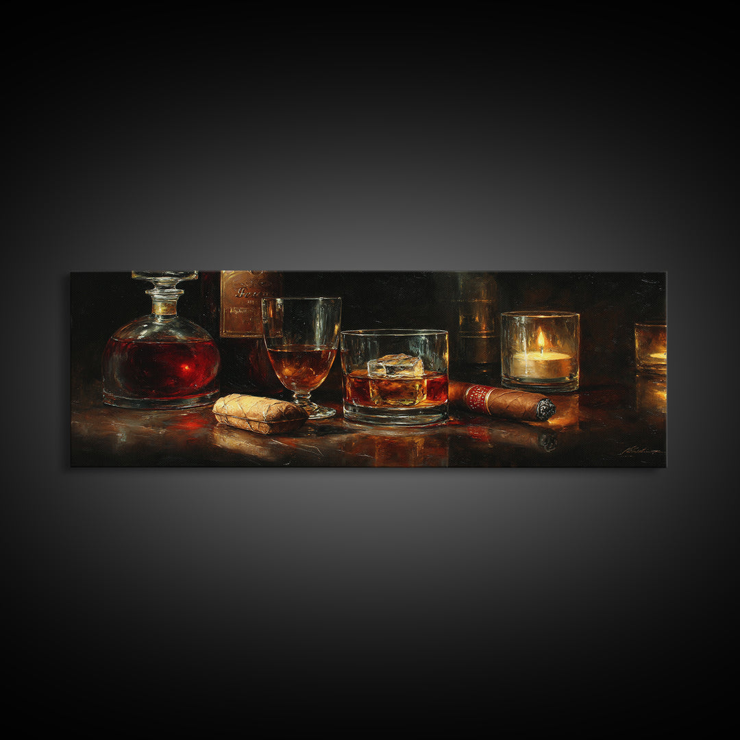 Dark Moody Cigar and Whiskey Still Life Framed Canvas Print, Bar Art, Bar Signs, Bar Decor, Fine Art, Modern Decor, BAR-3x1-1