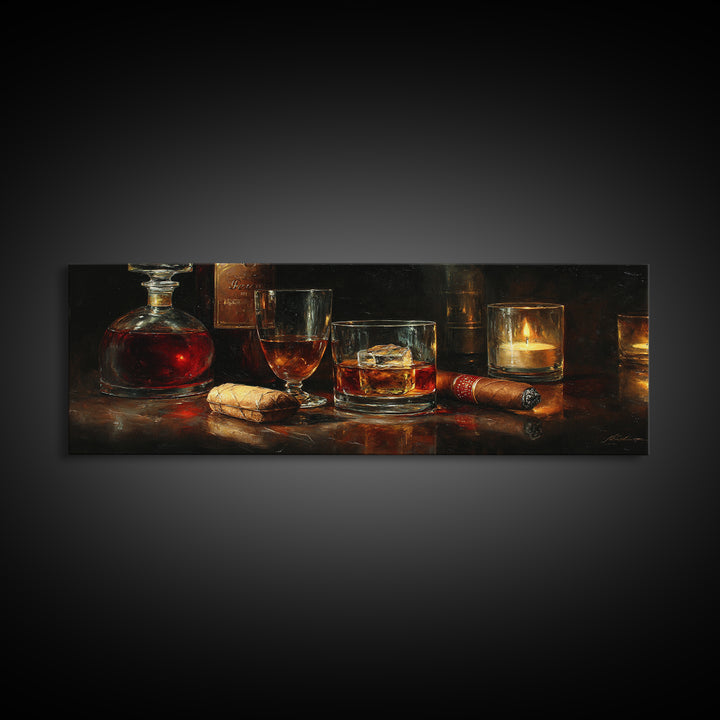 Dark Moody Cigar and Whiskey Still Life Framed Canvas Print, Bar Art, Bar Signs, Bar Decor, Fine Art, Modern Decor, BAR-3x1-1