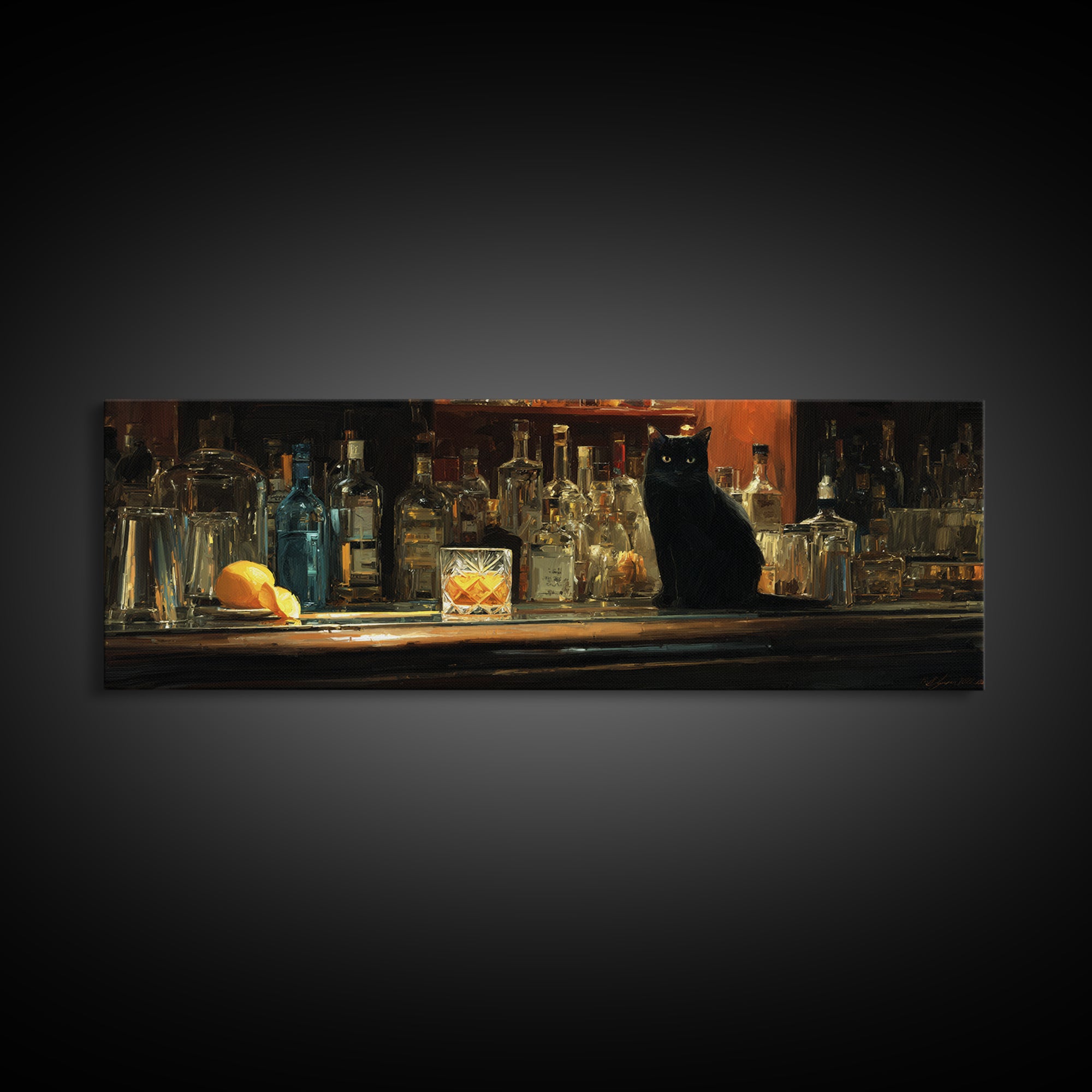 Black Cat Beside a Glowing Bar Neon Canvas Print, Bar Art, Art Print, Bar Decor, Fine Art, Kitchen Wall Decor, BAR-3x1-30