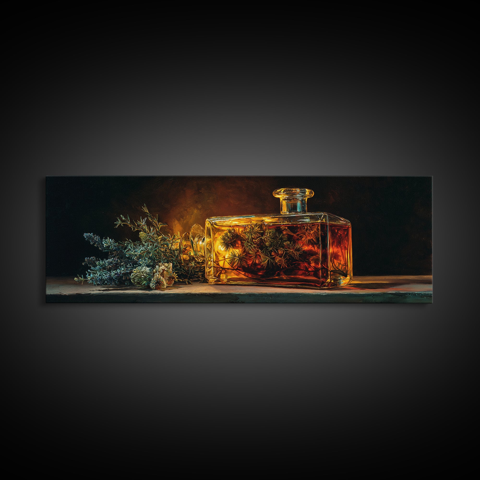 Gin Bottle with Botanicals and Juniper Branches Framed Canvas Print, Bar Art, Canvas Wall Art, Bar Decor, Fine Art, BAR-3x1-47