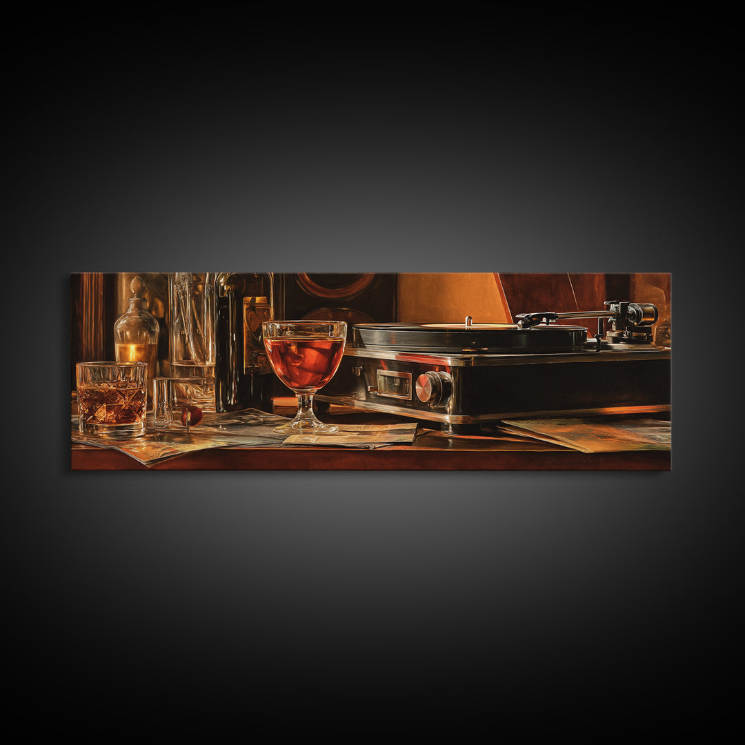 Wine and Record Player Lounge Still Life Framed Canvas Print, Bar Art, Cocktail Wall Art, Bar Decor, Fine Art, BAR-3x1-53