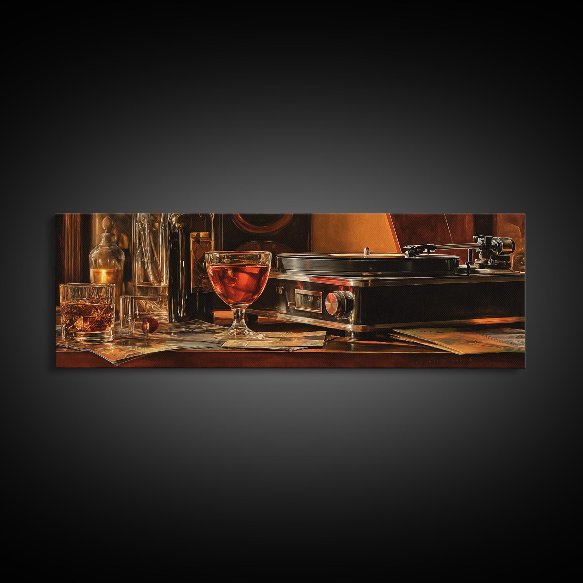 Wine and Record Player Lounge Still Life Framed Canvas Print, Bar Art, Cocktail Wall Art, Bar Decor, Fine Art, BAR-3x1-53