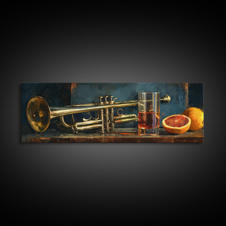 Moody Jazz Trumpet Beside a Half Full Framed Canvas Print, Bar Art, Kitchen Wall Decor, Bar Decor, Fine Art, BAR-3x1-58