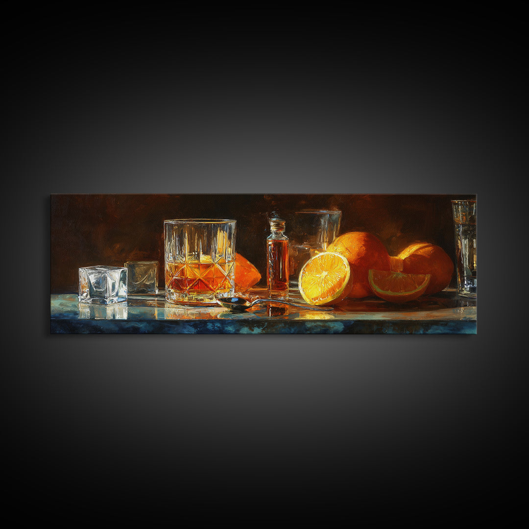 Orange Bitters and Bar Spoon Still Life Canvas Print, Bar Art, Bar Cart Decor, Bar Decor, Oil Painting, Minimalist Decor, BAR-3x1-61