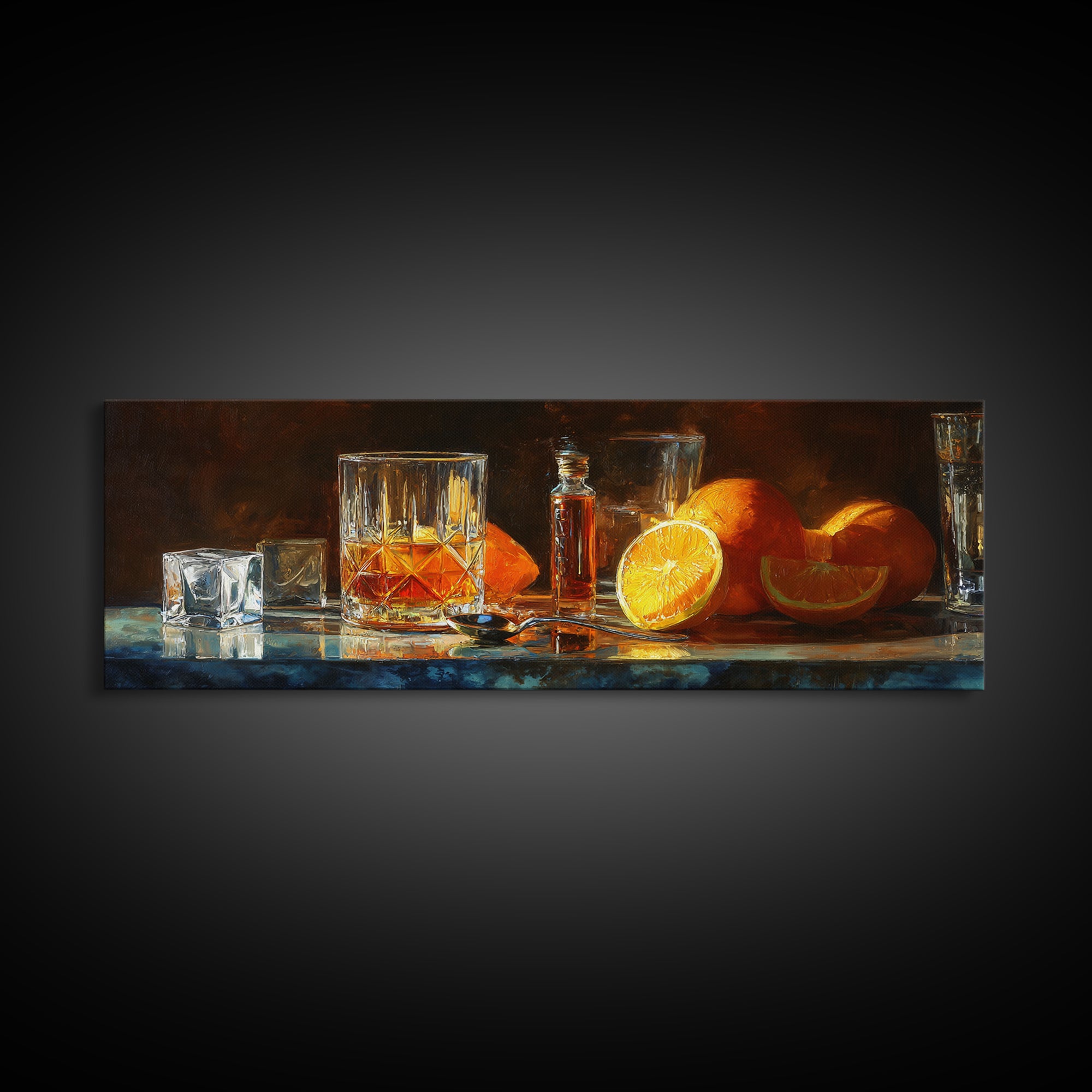 Orange Bitters and Bar Spoon Still Life Canvas Print, Bar Art, Bar Cart Decor, Bar Decor, Oil Painting, Minimalist Decor, BAR-3x1-61