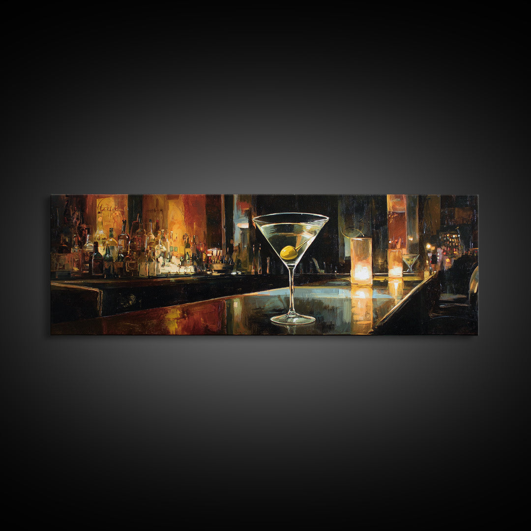 Martini Glass with Olive on a Black Framed Canvas Print, Bar Art, Apartment Decor, Bar Decor, Abstract Art, Living Room Art, BAR-3x1-67