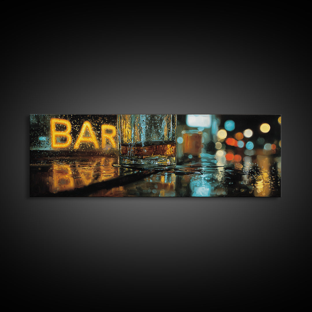 Neon Cocktail Sign Reflected Framed Canvas Print, Bar Art, Gallery Decor, Bar Decor, Fine Art, Wall Art, Home Decor, BAR-3x1-69