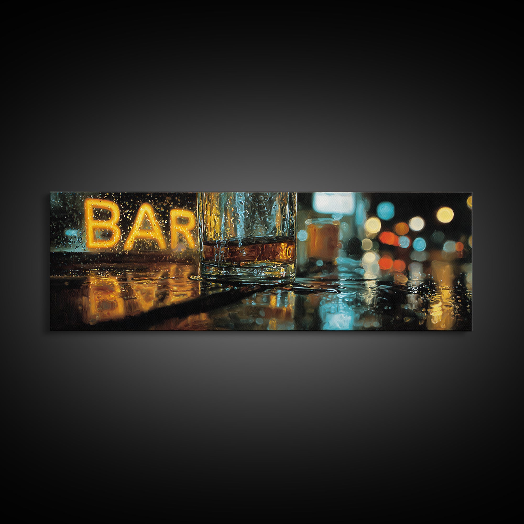 Neon Cocktail Sign Reflected Framed Canvas Print, Bar Art, Gallery Decor, Bar Decor, Fine Art, Wall Art, Home Decor, BAR-3x1-69