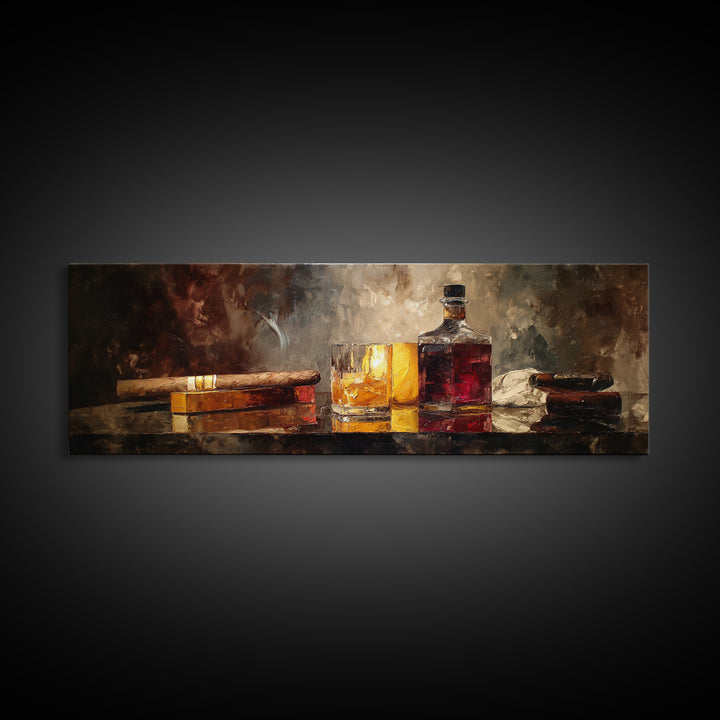 Dark Moody Cigar and Whiskey Still Life Framed Canvas Print, Bar Art, Neutral Decor, Bar Decor, Fine Art, Home Decor, BAR-3x1-73